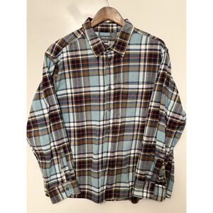 Eddie Bauer Flannel Shirt Mens XXL Blue Brown Plaid Button Up Casual Cotton